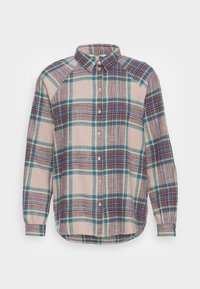 Camicia a maniche lunghe con bottoni in plaid beige, caratterizzata da strisce blu, verde e burgundy. Orlo arrotondato e collo. Realizzata in tessuto leggero.