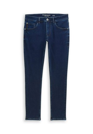 Jean en denim bleu foncé avec une coupe slim. Comprend cinq poches, des détails de couture et une fermeture à bouton à la taille.