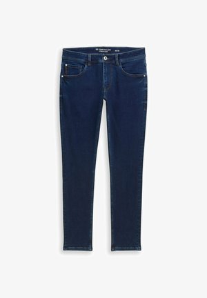 Jeans in denim blu scuro con vestibilità slim. Presentano cinque tasche, dettagli cuciti e chiusura con bottone in vita.