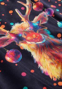 Farebná grafika soba s ozdobami v podobe diskogule a okuliarmi v tvare hviezdy, na čiernom pozadí s viacfarebnými bodkami.