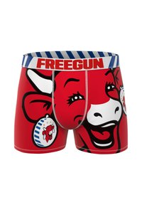 Boxer shorts rouges avec un design de taureau cartoon, des accents blancs, et une ceinture rayée portant le mot "FREEGUN."