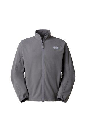 Harmaa fleecetakki, jossa on kokonaan edestä vetoketju, pystykäännekaulus, joustavat hihansuut ja vasemmassa rinnassa oleva "The North Face" -logo.