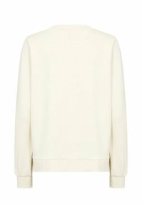 Hellcremefarbener Sweatshirt mit langen Ärmeln, rundem Ausschnitt, gerippten Bündchen und glatter Textur. Einfaches Design ohne Muster oder Akzente.