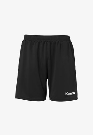 Zwarte sportshorts van lichtgewicht materiaal met een elastische tailleband en een wit "Kempa" logo aan de onderzijde aan de rechterkant.