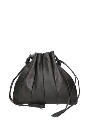 Sac en cuir noir avec un design froncé, présentant des panneaux texturés et lisses, et des cordons fins pour la fermeture.