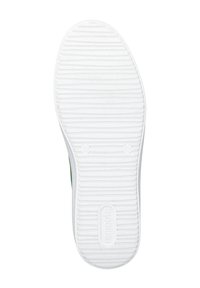 Weiße Gummisohle mit geriffelter Textur und kreisförmigen Akzenten. Das Design hat glatte Kanten und ist vorne leicht zugespitzt.