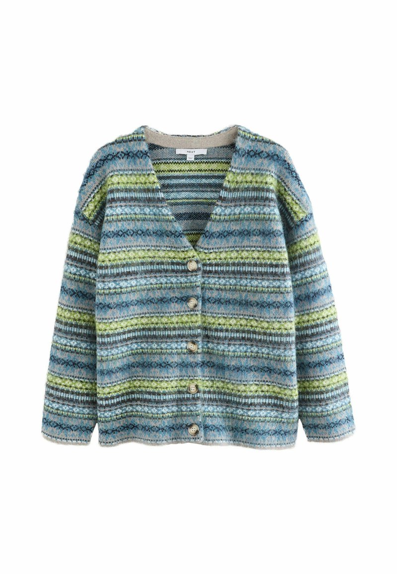 Cardigan cu nasturi, cu un model orizontal în dungi de culoare albastră, verde, gri și bej, având mâneci lungi.