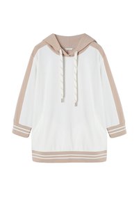 Sudadera blanca y beige con un gran bolsillo frontal, capucha con cordón y detalles de rayas en las mangas y el dobladillo. Fabricada en tejido suave.