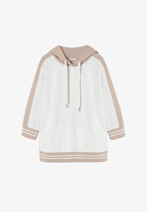 Valge ja beež kapuutsiga särkjakk, millel on suur eesmine kokkuvõte, nööriga kapuuts ja triibulised aktsendid varrukatel ja äärisel. Valmistatud pehmest kangast.