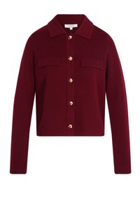 Burgundy kofta med krage, två framfickor och knappar i guld. Tillverkad av textil med struktur och designad med en kort silhuett.
