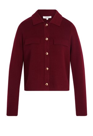 Burgunderfarbener Cardigan mit Kragen, zwei Vordertaschen und goldfarbenen Knöpfen. Aus strukturiertem Stoff gefertigt und mit einer verkürzten Silhouette entworfen.
