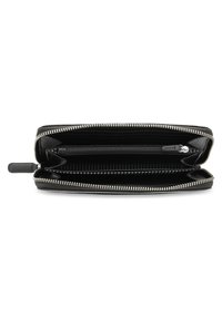 Black leather wallet with a zip closure. Interior features multiple card slots and a zipped compartment. Textured surface, silver hardware.