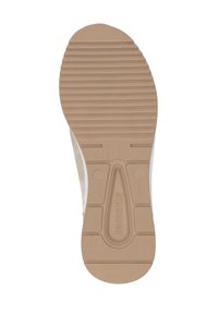 Suola della scarpa con un fondo in gomma beige testurizzato, caratterizzato da scanalature orizzontali e un logo moldato. Il bordo ha un accento bianco.