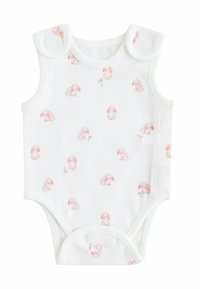 Bodysuit blanco de algodón para bebé con diseño sin mangas, con un patrón repetido de pequeños conejitos rosas y acentos florales. Cierre a presión en los hombros.