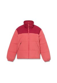 Chaqueta acolchada de color rosa vibrante, con un alto cuello, cierre de cremallera y un diseño de bloques de color con acentos oscuros en los hombros.