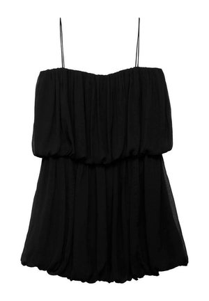 Svart, ärmlös topp gjord av lätt, sammangatherat tyg; har en lös silhuett med tunna axelband och en flödande design.