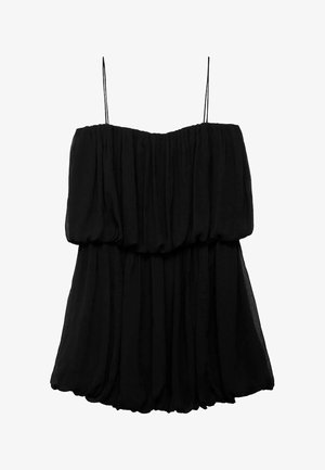 Svart, ärmlös topp gjord av lätt, sammangatherat tyg; har en lös silhuett med tunna axelband och en flödande design.