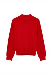 Pull rouge à manches longues et col montant, avec des poignets et un ourlet côtelés, en tissu tricoté lisse, coupe décontractée.