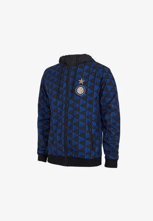 Blauw-zwart gemêleerde zip-up hoodie met Inter Milan-logo en een gouden ster op de borst, zwarte manchetten en een capuchon met trekkoorden.
