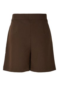 Shorts marron taille haute, ajustés, avec poches latérales et ourlet droit, fabriqués en tissu tissé lisse.