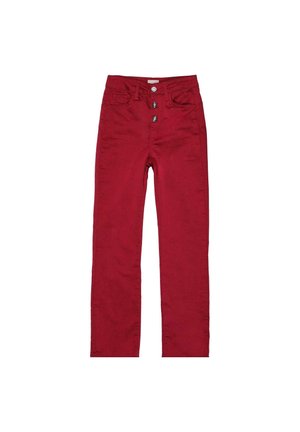 Pantaloni rossi in cotone con vestibilità slim, dotati di vita alta, cinque tasche e chiusura frontale con bottoni metallici.