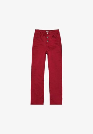 Pantaloni rossi in cotone con vestibilità slim, dotati di vita alta, cinque tasche e chiusura frontale con bottoni metallici.