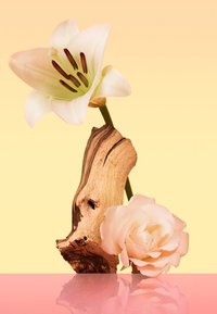 Lilia z jasnozielonymi płatkami i brązowymi pręcikami, obok jasnoróżowej róży, na teksturowanej drewnianej podstawie z odblaskową powierzchnią.