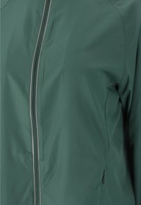 Groene lichtgewicht jas met een rechtopstaande kraag, ritsluiting met contrasterende afwerking, en een zijzak met rits. Soepele textuur, minimalistisch ontwerp.