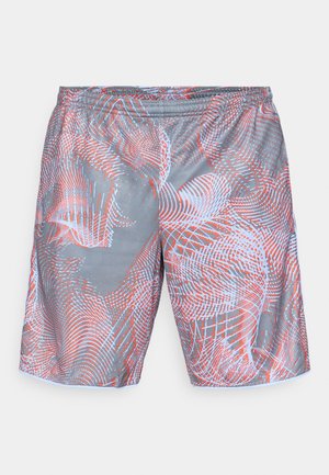Gray athletic shorts with an elastic waistband featuring an abstract pattern of red and light blue curved lines and dots.
