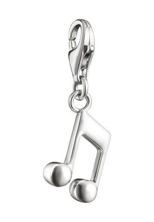 Silberner Metallanhänger in Form einer Musiknote mit Karabinerverschluss zum Befestigen.