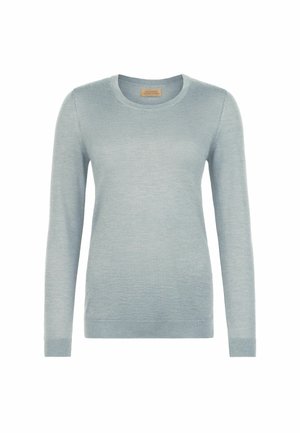 Light blue women's crew neck long-sleeve sweater with ribbed cuffs and hem, displayed on a white background.