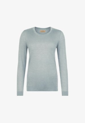 Hellblauer Damenpullover mit Rundhalsausschnitt und langen Ärmeln, mit gerippten Bündchen und Saum, auf weißem Hintergrund dargestellt.