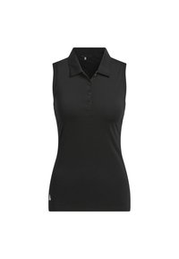 Pólo preto sem mangas feito de tecido suave, com gola, botões frontais e um logotipo discreto na bainha.