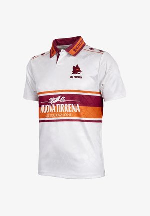 Wit AS Roma voetbalshirt met bordeauxrode en oranje horizontale strepen, logo van een wolf, tekst "as roma" en sponsor "NUOVA TIRRENA ASSICURAZIONI".
