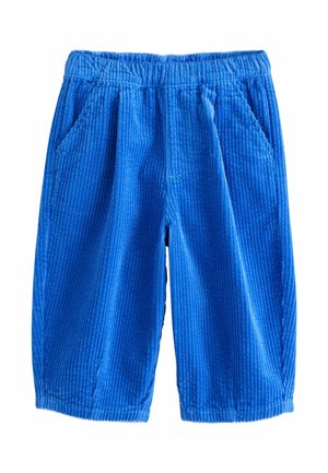 Pantalon en velours côtelé bleu vif avec ceinture élastique et poches latérales, conçu pour une coupe décontractée.