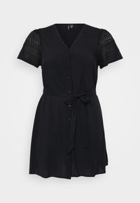 Black button-up dress with a v-neck, short lace sleeves, and a tied waist, made from lightweight fabric with a smooth texture.