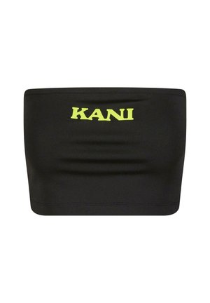 Svart strapless topp i elastiskt material med en stor neongul "KANI"-logotyp i mitten. Slät textur med minimala sömmar.
