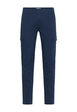 Pantaloni cargo blu in tessuto resistente con vestibilità slim. Caratterizzati da tasche cargo e chiusura con bottone sul davanti. Texture liscia su tutta la superficie.