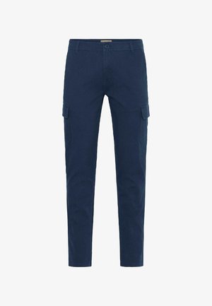 Granatowe spodnie cargo z trwałego materiału w slim fit. Posiadają kieszenie cargo oraz zapięcie na guzik z przodu. Gładka tekstura na całej powierzchni.