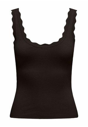 Czarny prążkowany top na ramiączkach z wycięciem w kształcie falbanki na dekolcie i ramiączkach, dopasowany fason.