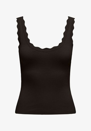 Débardeur noir en maille côtelée avec encolure festonnée et bretelles, coupe ajustée.