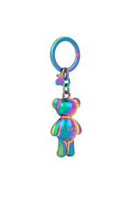 Portachiavi a forma di orsetto dai colori dell'arcobaleno, realizzato in metallo liscio, dotato di un anello rotondo e di un dettaglio inciso "TOUS" sulla parte frontale.