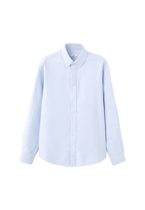 Camicia azzurra chiaro con bottoni, maniche lunghe, collo classico, realizzata in tessuto di cotone, caratterizzata da una trama liscia e una vestibilità tradizionale.