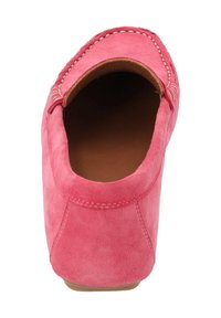 Rosa mockaläders loafers med rund tå och sydd kant. Inuti är de klädda med brunt läder och har en enkel, odekorerad design.