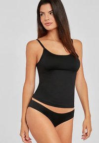 Black camisole with thin straps and a fitted silhouette, paired with matching low-rise panties, both in a smooth fabric texture.