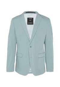 Lichtblauwe blazer met een subtiele textuur, één knoopsluiting, twee voorzakken, een ingesneden revers en een effen binnenvoering.