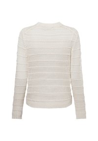 Cremfarbener gestrickter Pullover mit strukturierten Streifen, rundem Halsausschnitt und langen Ärmeln. Der Stoff hat eine offene Maschenstruktur und gerippte Saumdetails.