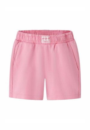 Pantalones cortos informales de color rosa suave con cinturilla elástica, bolsillos laterales y una pequeña etiqueta blanca en el centro frontal de la cinturilla.