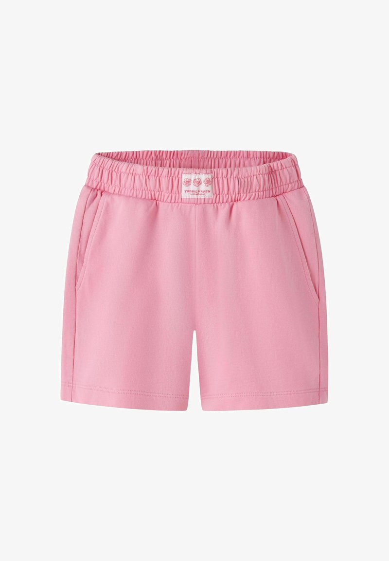 Shorts décontractés rose pâle avec ceinture élastique, poches latérales et petite étiquette blanche au centre avant de la ceinture.