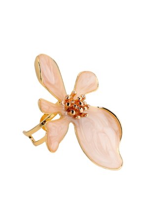 Haarklem in goudkleur, gevormd als een delicaat bloemetje met vijf lichtroze geëmailleerde bloemblaadjes en gestructureerde gouden meeldraden.
